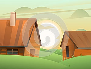 Farm wooden house with barn. In hills for pasture. Simple rural landscape. Village vegetable garden lifestyle. Cartoon