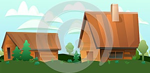 Farm wooden house with barn. Simple rural landscape. Village vegetable garden lifestyle. Cartoon fun style. Flat design