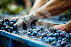 Farm worker hand-picking fresh blueberries in a field