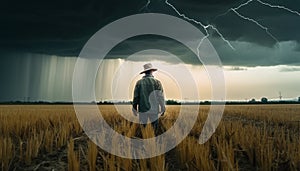 Farm worker holding wheat, looking at horizon over land generated by AI