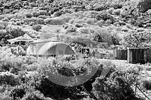 Farm worker houses at Pendoornkraal. Monochrome