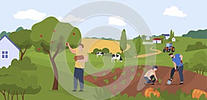 Farm workers people at countryside panorama vector illustration agricultural job or hobby together