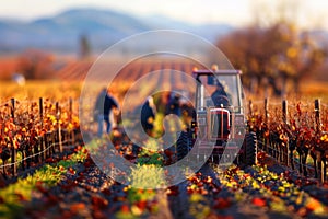 Farm workers tending to vineyard during autumn season
