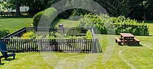 Farm yard with a kitchen garden , berry bushes and picnic table