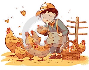 Farmboy feeding chickens on a farm, cartoon illustration with generative ai