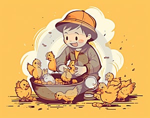 Farmboy feeding chickens on a farm, cartoon illustration with generative ai photo