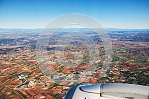 Farmed fields aerial view from airplane near Madrid, Spain