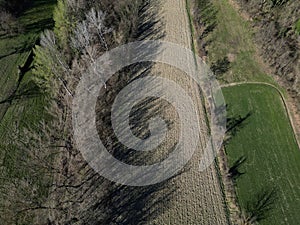 farmed fields of Borghetto di Borbera Piedmont Italy Village aerial View Panorama landscape