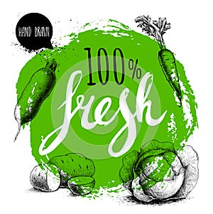 Farmer 100% fresh veggies design template. Green rough circle with hand painted letters. Engraving sketch style vegetables. Potato