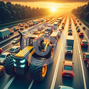 farmer activist drive tractor and truck in motorway for agriculture ban agenda protest cartoon style