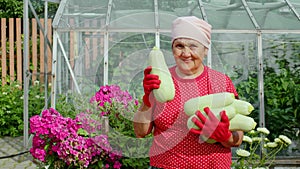 Farmer, aged woman holding ripe big marrows squash
