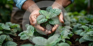 Farmer agriculture work hard young wheat in the field, the concept of natural farming, agriculture, the worker touches