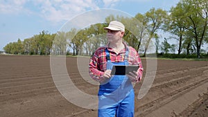 Farmer, agronomist stands between soil rows on farm field, testing quality of potatoe planting by cultivator. modern