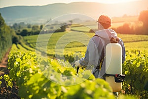 Farmer applying insecticides in a vineyard, Rolling vineyard hills