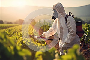 Farmer applying insecticides in a vineyard, Rolling vineyard hills with focus on the application process