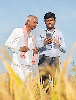 Farmer and banker or corporate government officer discussing by looking into mobile phone about crop yield, credit and loan