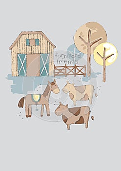 Farmer barn and farm yard friends horse and cow, Cute T-shirt design for kids