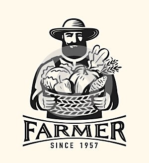 Farmer with a basket, full of fresh vegetables. Agriculture, farming logo or badge. Healthy organic natural farm food