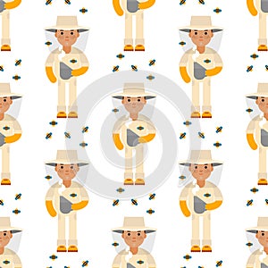 Farmer beekeeper character forester man seamless pattern background agriculture person profession rural gardener worker