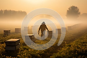 Farmer beekeeper navigating through a misty morning fog as they check on their beehives. Generative AI