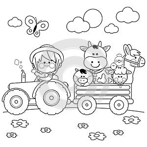 Farmer boy driving a tractor and carrying farm animals. Vector black and white coloring page.