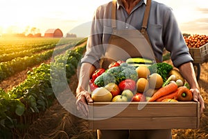 Poľnohospodár nesie čerstvý a zozbierané zelenina na východ slnka 