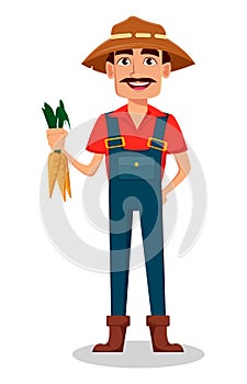 Farmer cartoon character. Cheerful gardener rancher holds fresh carrots.