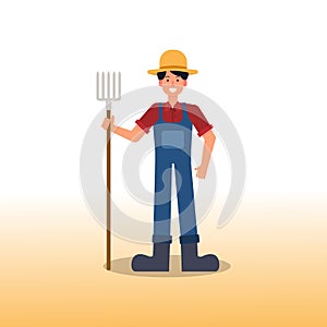 Farmer cartoon character flat style.Farmer boy hand holding a garden rake