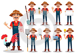 Farmer cartoon character, set. Handsome gardener or rancher