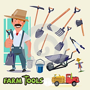 Farmer character with farm tools set -