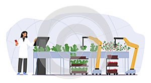 Farmer Character Harvesting Crop Using Automated Robotics Technologies And Smart Iot Control For Greenhouse And Farm