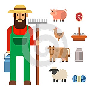 Farmer character man agriculture person profession rural gardener farm animals vector illustration.