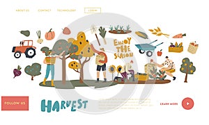 Farmer Characters Work on Garden or Orchard Harvesting Crop Landing Page Template. Gardeners Collect Fruit and Vegetable