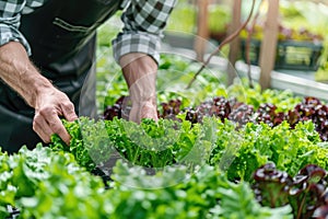 Farmer checking hydroponic soilless vegetable in nursery farm, Organic hydroponic vegetable concept