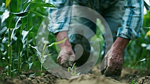 A farmer checks on their crops a mix of corn and soybeans which will be used to produce biofuels. As a steward of the