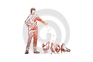 Farmer, chicken, egg, animal, hen concept. Hand drawn isolated vector.