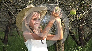 Farmer Child in Apple Orchard, Country Girl Tasting Fruits in Tree at Village 4K