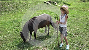 Farmer Child Looking a Grazing Pony Horse, Cowboy Girl Playing, Pasturing 4K