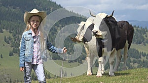 Farmer Child Pasturing Cows, Cowherd Girl with Cattle on Meadow in Mountains 4K photo