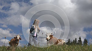 Farmer Child Pasturing Cows, Cowherd Kid with Cattle on Meadow Girl in Mountains