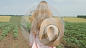 Farmer Child in Sunflower Field, Girl, Kid Studying, Walking in Agrarian Harvest