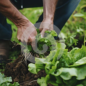 Farmer close-up holding and picking up green lettuce salad leaves with roots