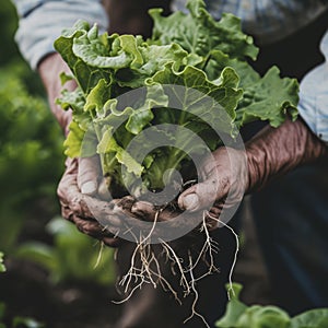 Farmer close-up holding and picking up green lettuce salad leaves with roots