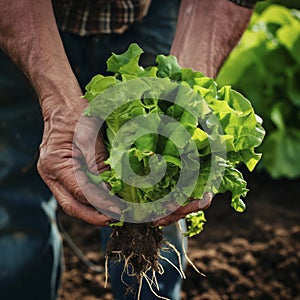 Farmer close-up holding and picking up green lettuce salad leaves with roots