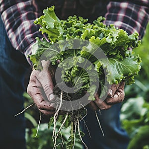 Farmer close-up holding and picking up green lettuce salad leaves with roots