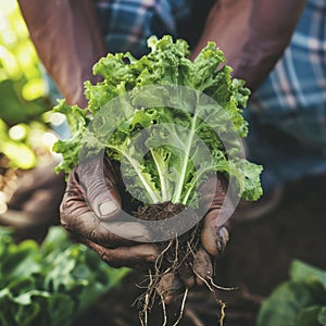 Farmer close-up holding and picking up green lettuce salad leaves with roots