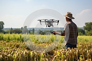 A farmer controls an agricultural drone in the field