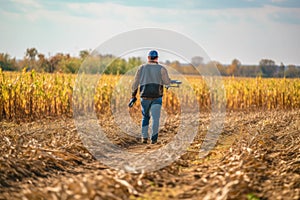 farmer on the corn field holds the GPS-guided drone for mapping. precision agriculture techniques. Generative AI