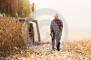 Farmer in corn fields during harvest