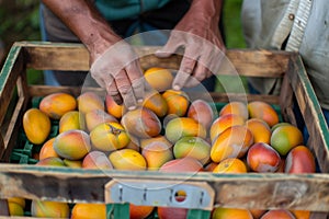 farmer counting mangos in a crate for inventory purposes